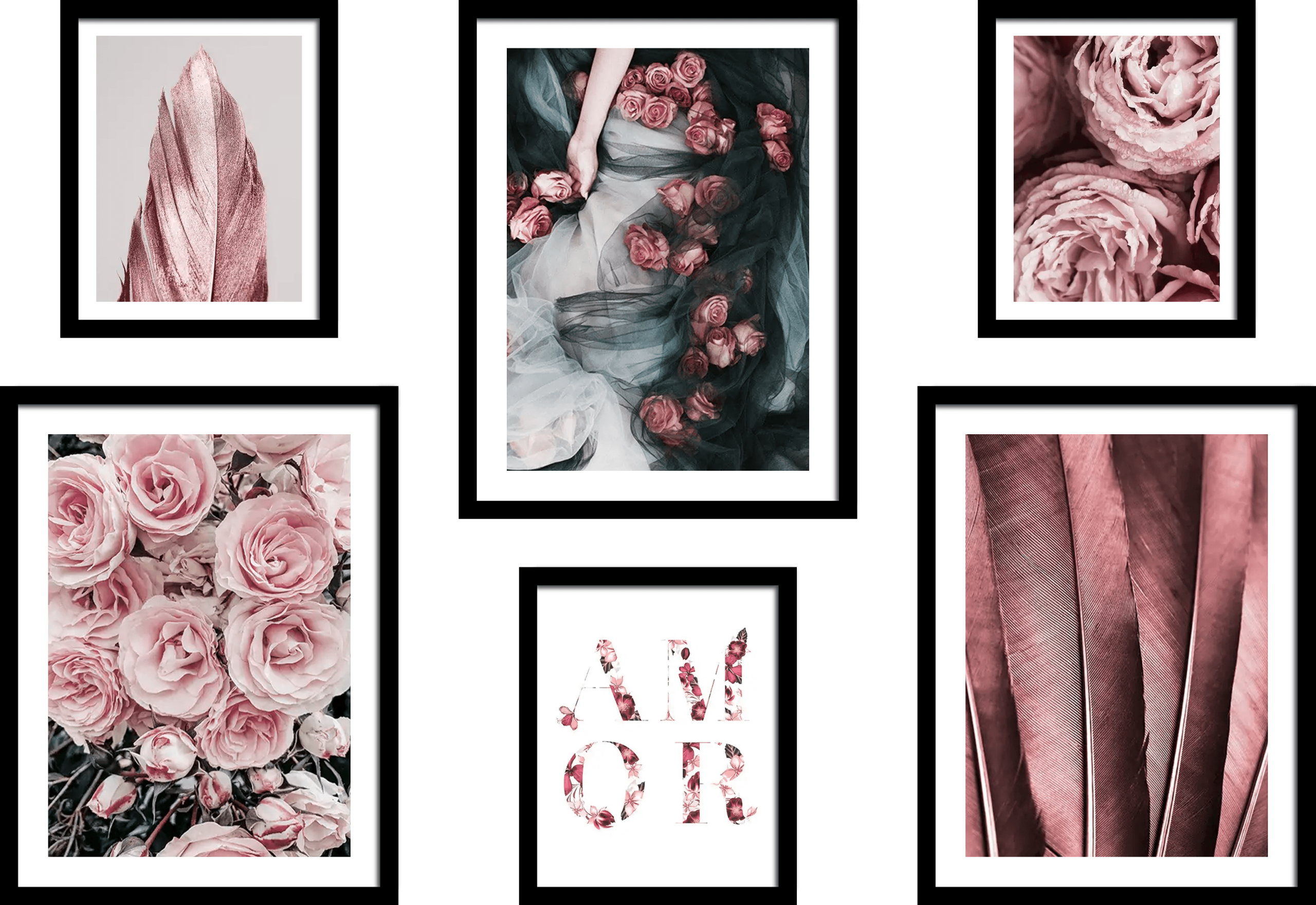 Conjunto de Cuadros Floral en Tonos Burdeos y Rosa