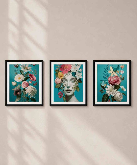 Jardín Secreto: Tríptico Floral con Rostro Femenino