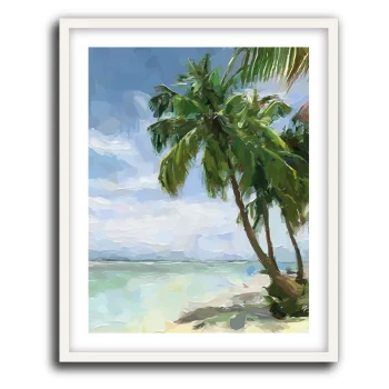 Ilustración digital de palmeras tropicales inclinadas por la brisa marina con mar y cielo despejado de fondo. Arte pictórico para decoración costera y relajante
