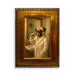 Pug cepillándose los dientes en cuadro decorativo con marco dorado