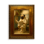 Pug leyendo en el baño cuadro divertido marco dorado