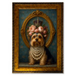 Retrato personalizado de perrita con corona de flores y perlas en marco dorado – Colección Coronas y Perlas