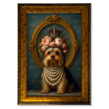 Retrato personalizado de perrita con corona de flores y perlas en marco dorado – Colección Coronas y Perlas
