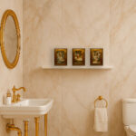 Yorkshire Relax set de cuadros Yorkshire baño en ambiente real con marco dorado