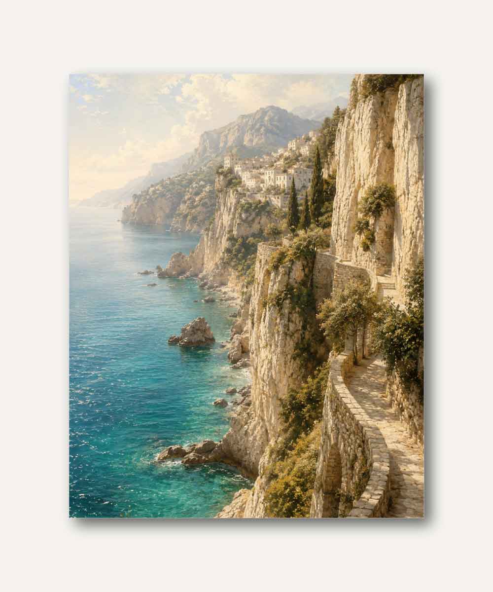 Cuadro Costa Amalfitana con sendero de piedra sobre acantilados y mar Mediterráneo turquesa