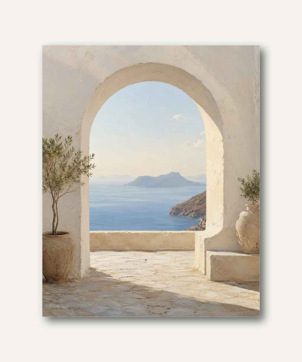 Cuadro mediterráneo con arco de piedra blanca y vista panorámica al mar azul