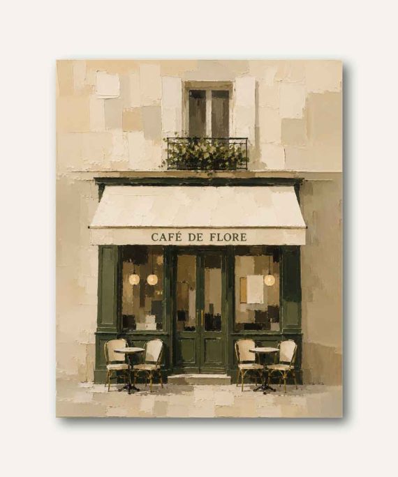 Cuadro decorativo Café de Flore en París, fachada francesa clásica con estilo impasto contemporáneo en tonos marfil y verde oliva.