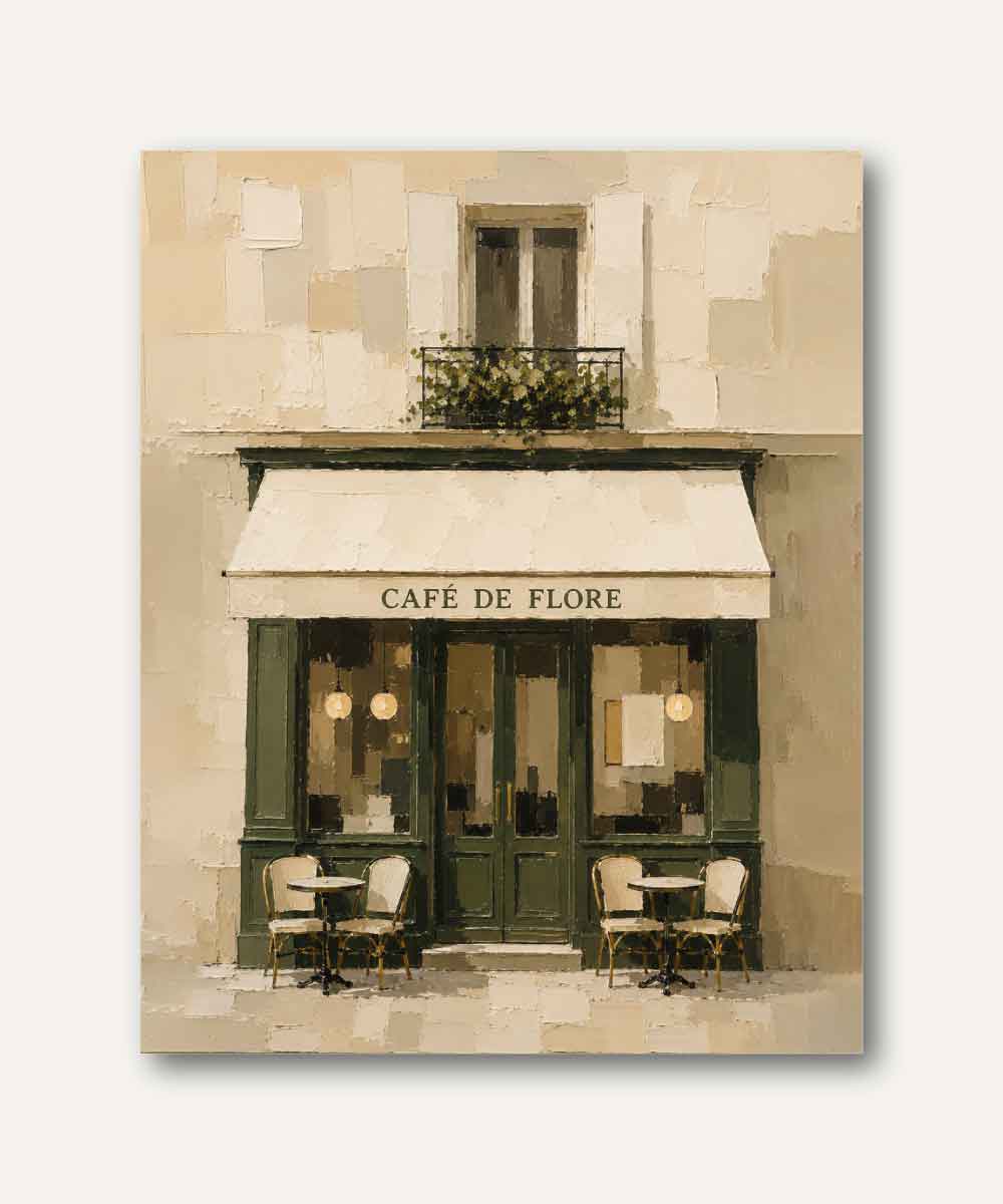 Cuadro decorativo Café de Flore en París, fachada francesa clásica con estilo impasto contemporáneo en tonos marfil y verde oliva.