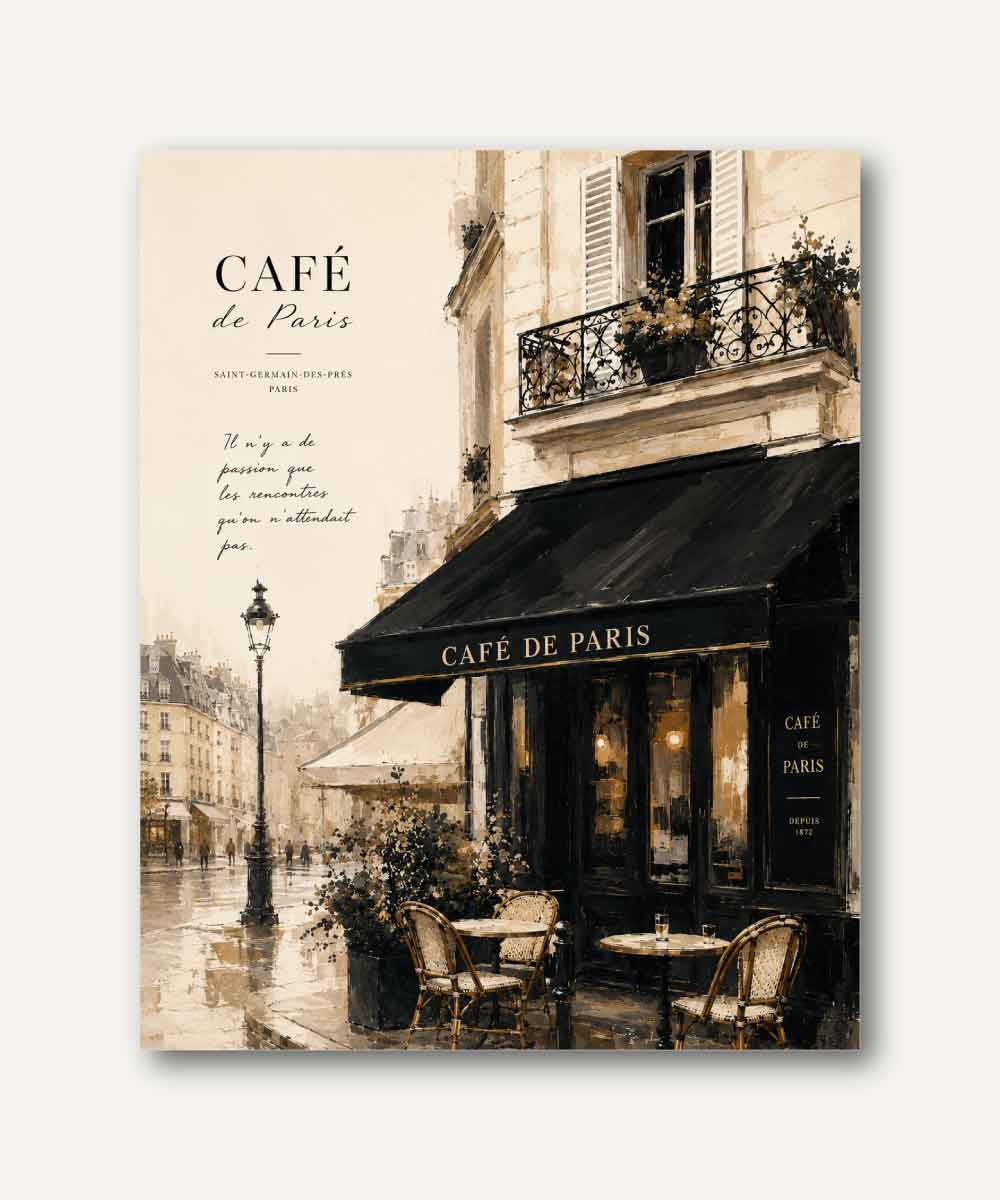 Cuadro decorativo de café parisino elegante en Saint-Germain-des-Prés, con fachada negra clásica, mesas exteriores y estilo pictórico francés contemporáneo