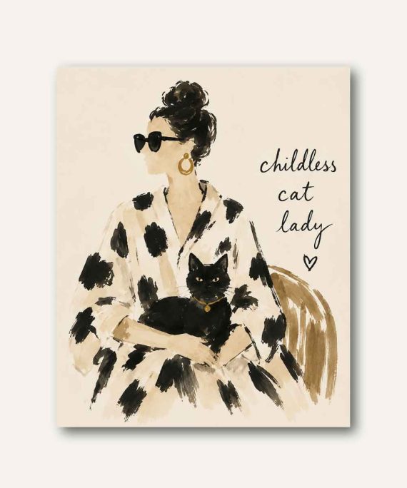 Cuadro decorativo Childless Cat Lady con mujer elegante y gato negro en ilustración editorial contemporánea