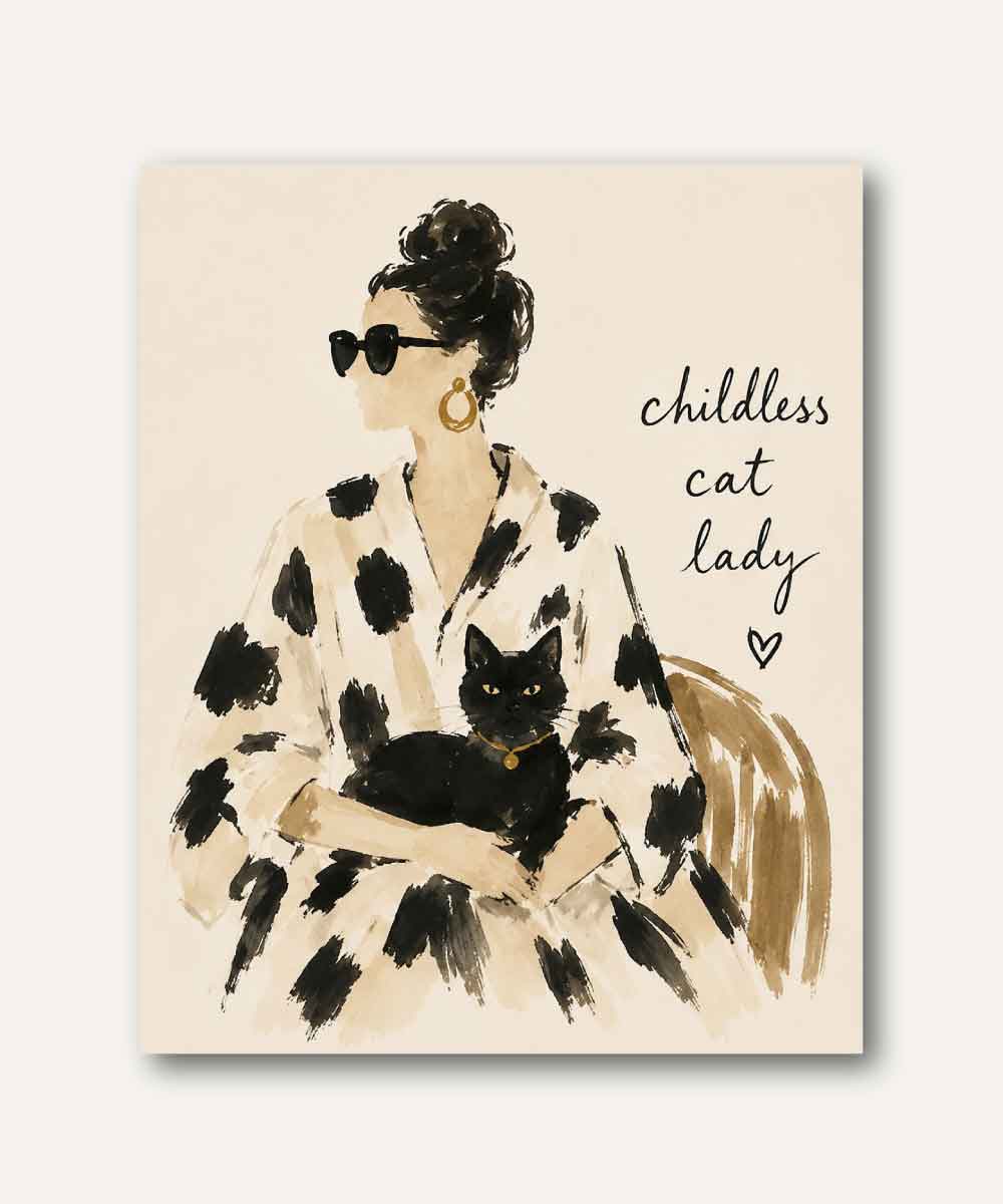 Cuadro decorativo Childless Cat Lady con mujer elegante y gato negro en ilustración editorial contemporánea