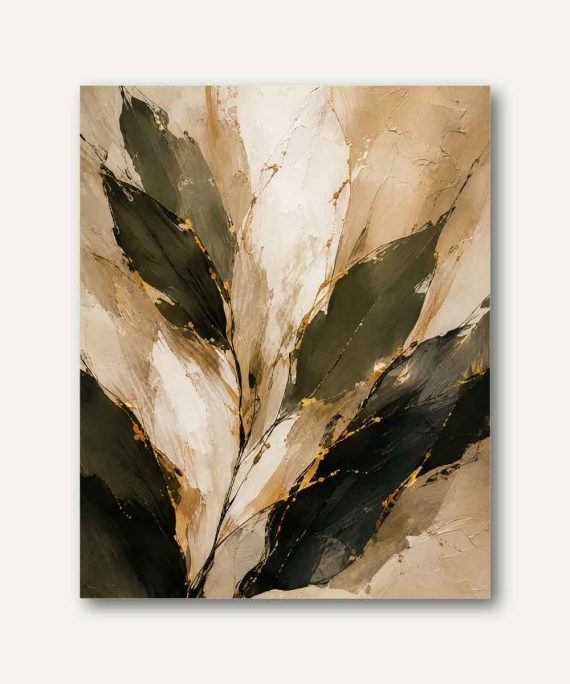 Cuadro botánico abstracto con hojas verde oliva, textura pictórica y detalles dorados.