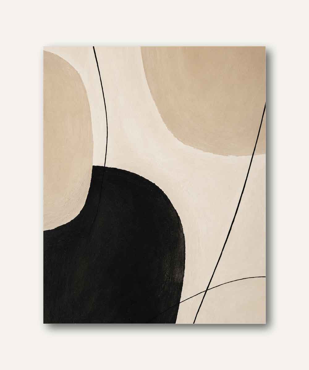 Arte abstracto editorial en tonos beige y negro con formas orgánicas y líneas minimalistas sobre fondo neutro.