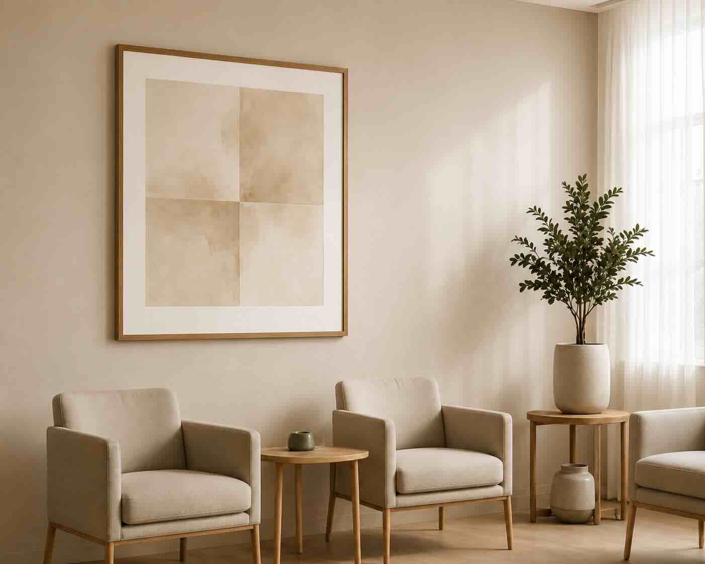 Sala de espera moderna con cuadros decorativos enmarcados, ejemplo de ambientación para consultas y espacios profesionales.