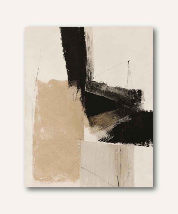 Arte abstracto editorial con pinceladas negras expresivas, bloques beige y composición minimalista contemporánea.
