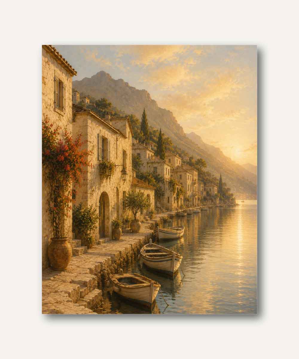 Cuadro mediterráneo con pueblo costero, embarcaciones y reflejos dorados sobre el mar al atardecer
