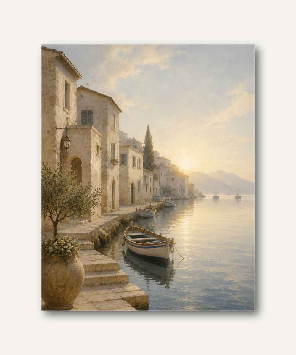 Cuadro paisaje mediterráneo con casas junto al mar, embarcaciones y luz dorada al amanecer
