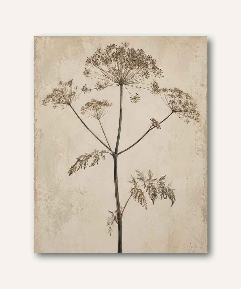 Lámina botánica vintage con flor silvestre prensada en tonos sepia sobre fondo envejecido color marfil.