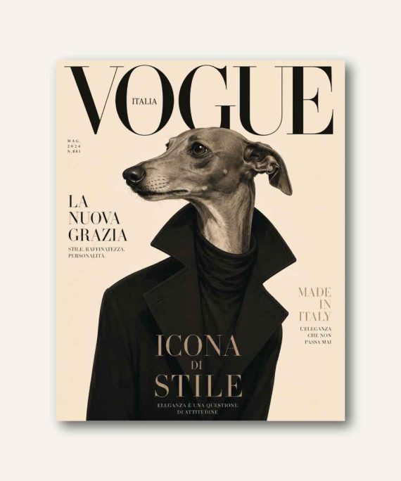 Cuadro decorativo de galgo italiano elegante con abrigo negro inspirado en una portada de revista de moda italiana
