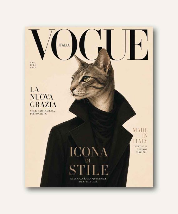 Cuadro decorativo de gato elegante con abrigo negro inspirado en portadas de revistas de moda italianas