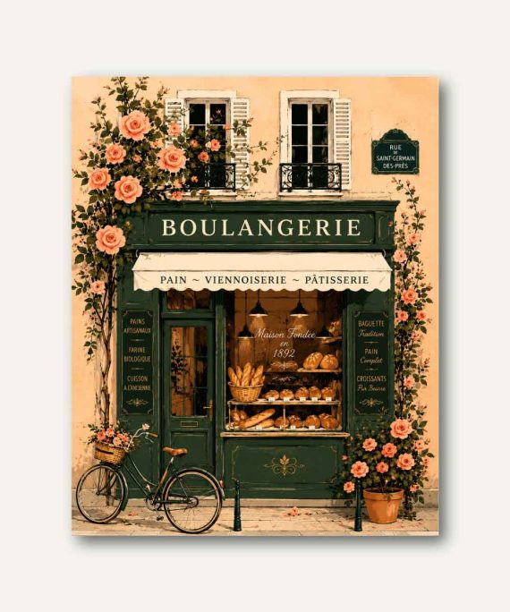 Cuadro decorativo de panadería parisina tradicional con baguettes, bicicleta y rosas en flor, inspirado en las calles de Saint-Germain-des-Prés.