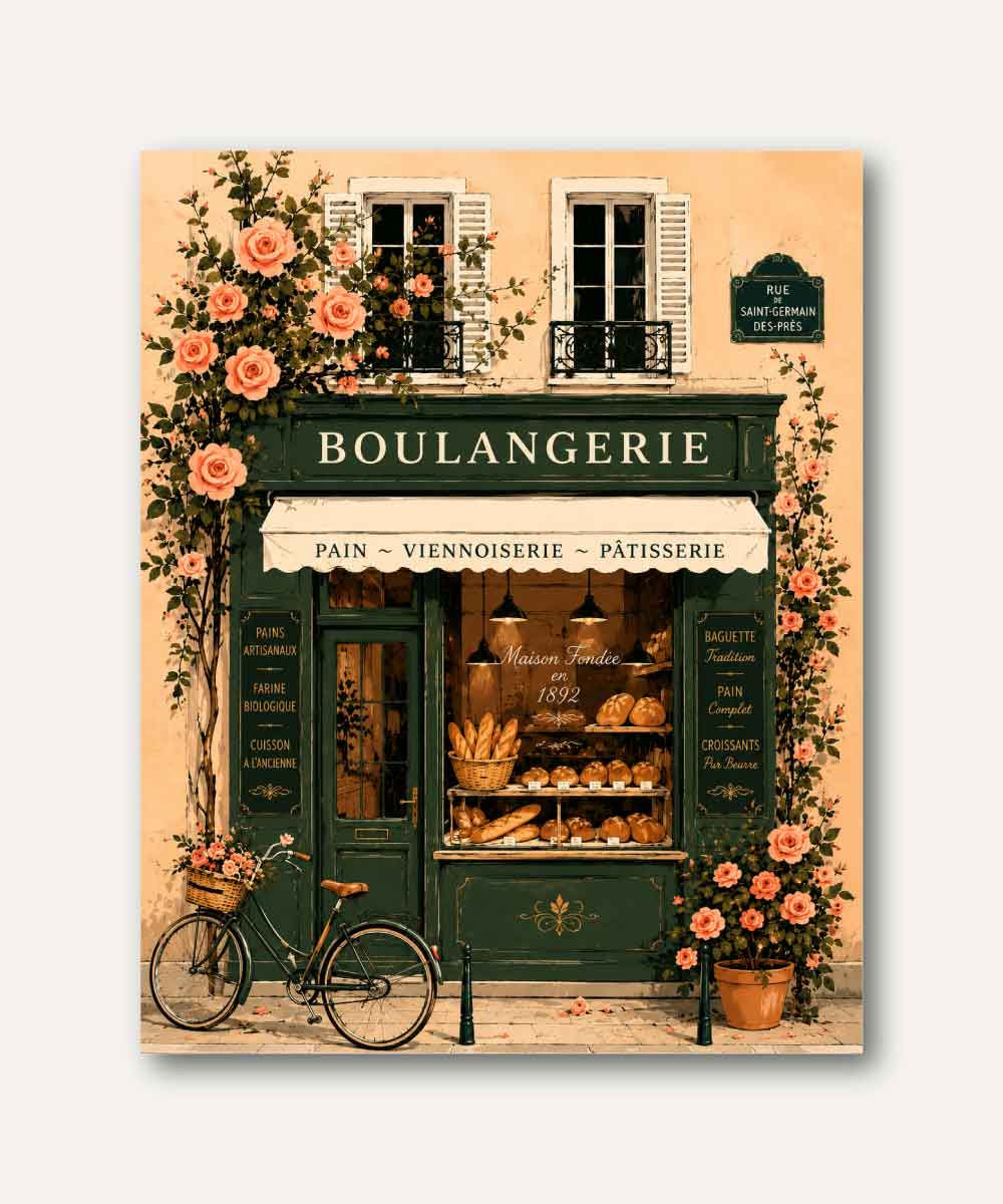 Cuadro decorativo de panadería parisina tradicional con baguettes, bicicleta y rosas en flor, inspirado en las calles de Saint-Germain-des-Prés.