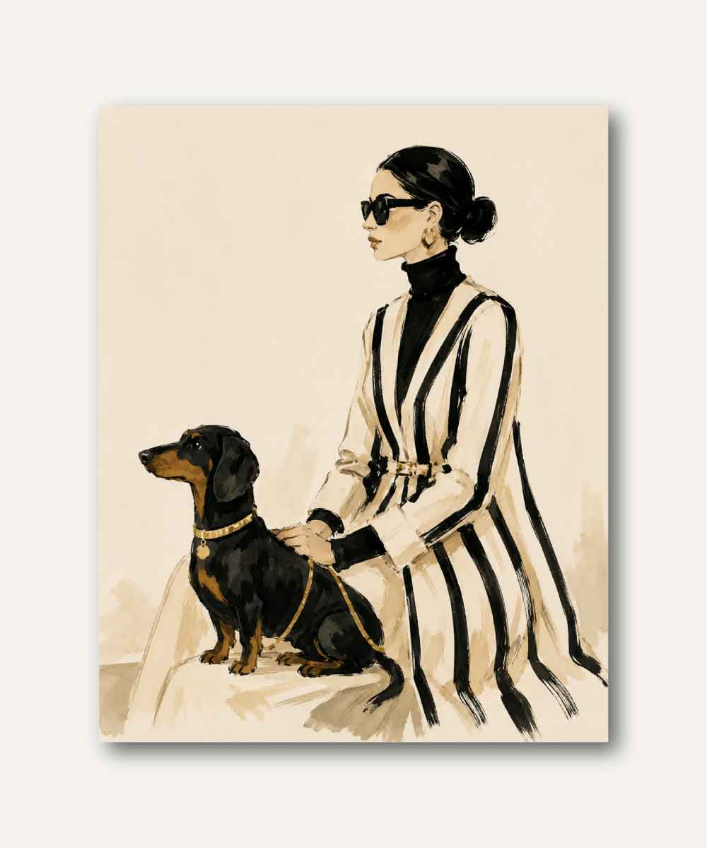 Cuadro decorativo con mujer elegante y perro dachshund en ilustración editorial contemporánea en tonos neutros