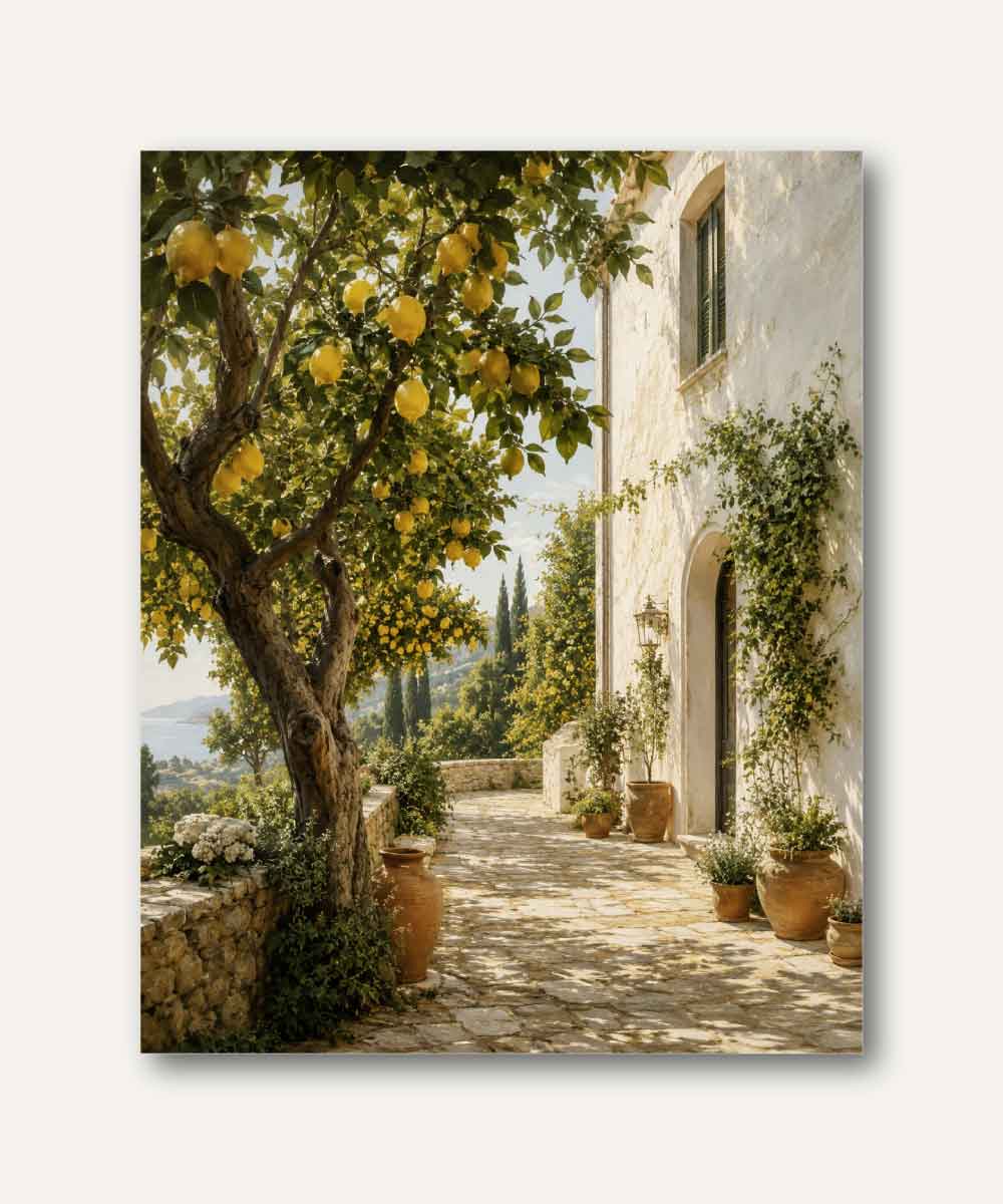 Cuadro mediterráneo con limoneros, villa costera y camino de piedra iluminado por el sol