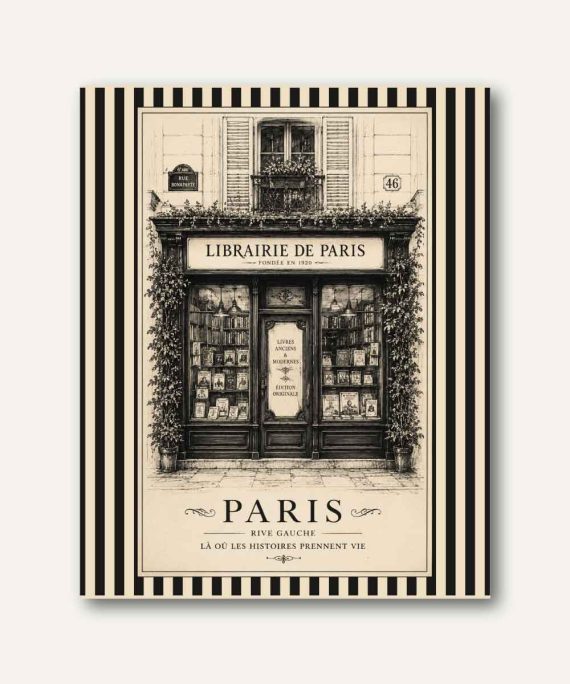 Cuadro decorativo de librería parisina vintage en blanco y negro, inspirado en las tradicionales librerías de la Ribera Izquierda de París