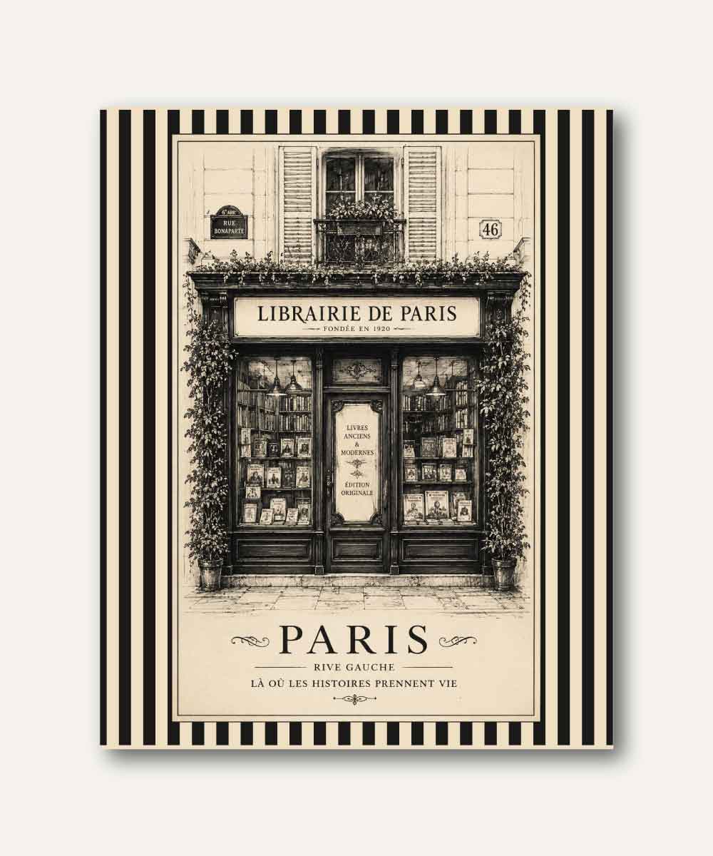 Cuadro decorativo de librería parisina vintage en blanco y negro, inspirado en las tradicionales librerías de la Ribera Izquierda de París