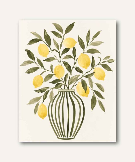 Cuadro botánico con ramas de limonero y limones amarillos en jarrón rayado verde de estilo mediterráneo pintado en acuarela minimalista