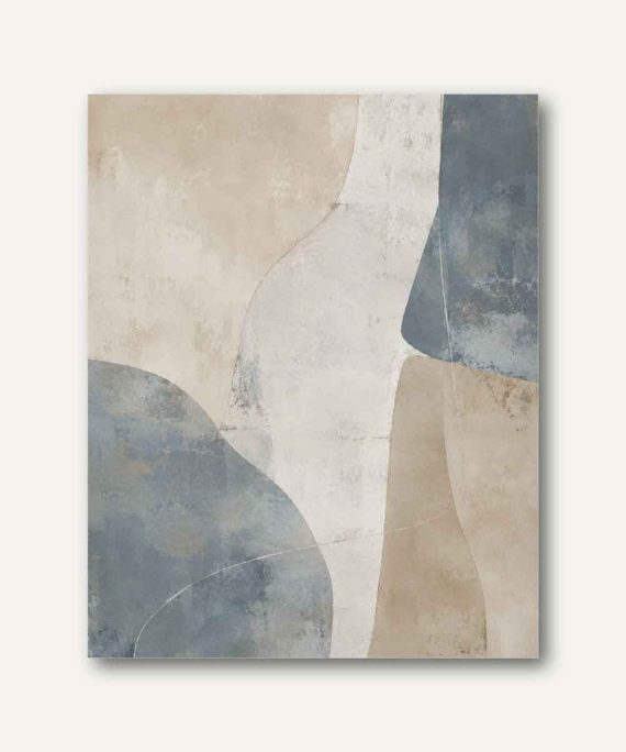 Arte abstracto editorial en tonos azul mineral, beige y marfil con formas orgánicas contemporáneas.