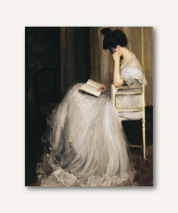 Cuadro vintage europeo de una mujer leyendo con vestido blanco en un elegante interior clásico.
