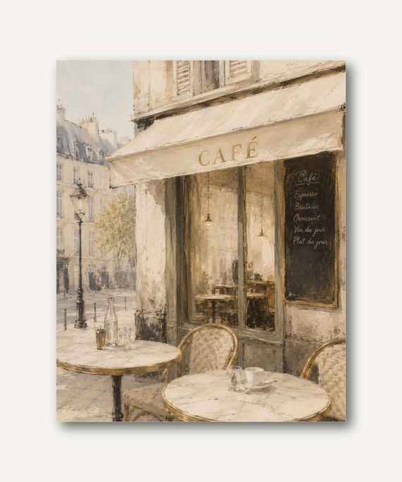 Cuadro decorativo de café parisino con mesas de mármol, fachada francesa clásica y luz suave de mañana en estilo pictórico impresionista.