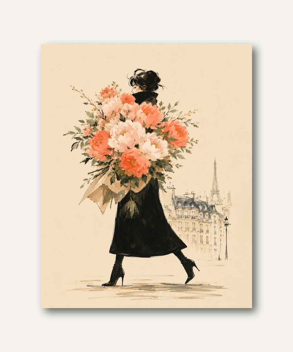 Cuadro decorativo de mujer parisina caminando con un gran ramo de flores frente a la Torre Eiffel en estilo ilustración elegante francesa.
