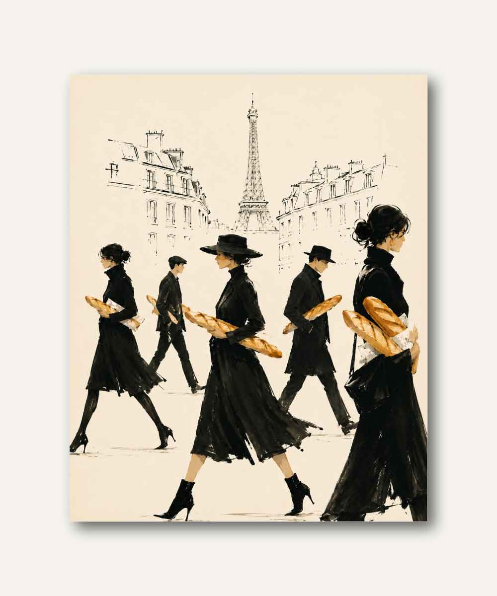 Cuadro decorativo de figuras parisinas caminando con baguettes frente a la Torre Eiffel, ilustración editorial inspirada en el estilo de vida francés