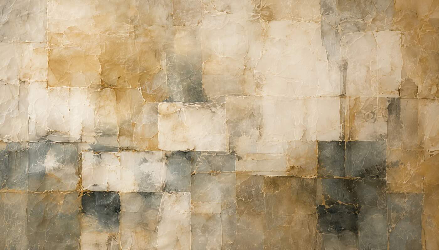 Piedra de Luz, cuadro abstracto mineral en tonos beige, marfil y gris sobre canvas de gran formato.