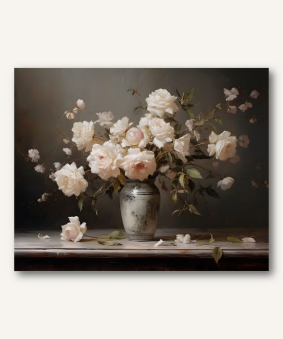 Cuadro vintage europeo de un arreglo de rosas blancas en un jarrón de porcelana.
