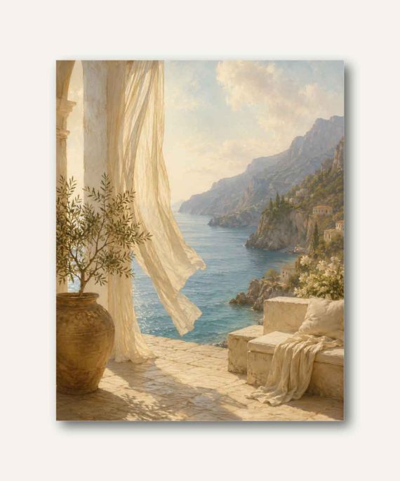 Cuadro mediterráneo con vista al mar, terraza de piedra, cortinas al viento y paisaje costero iluminado por el sol.