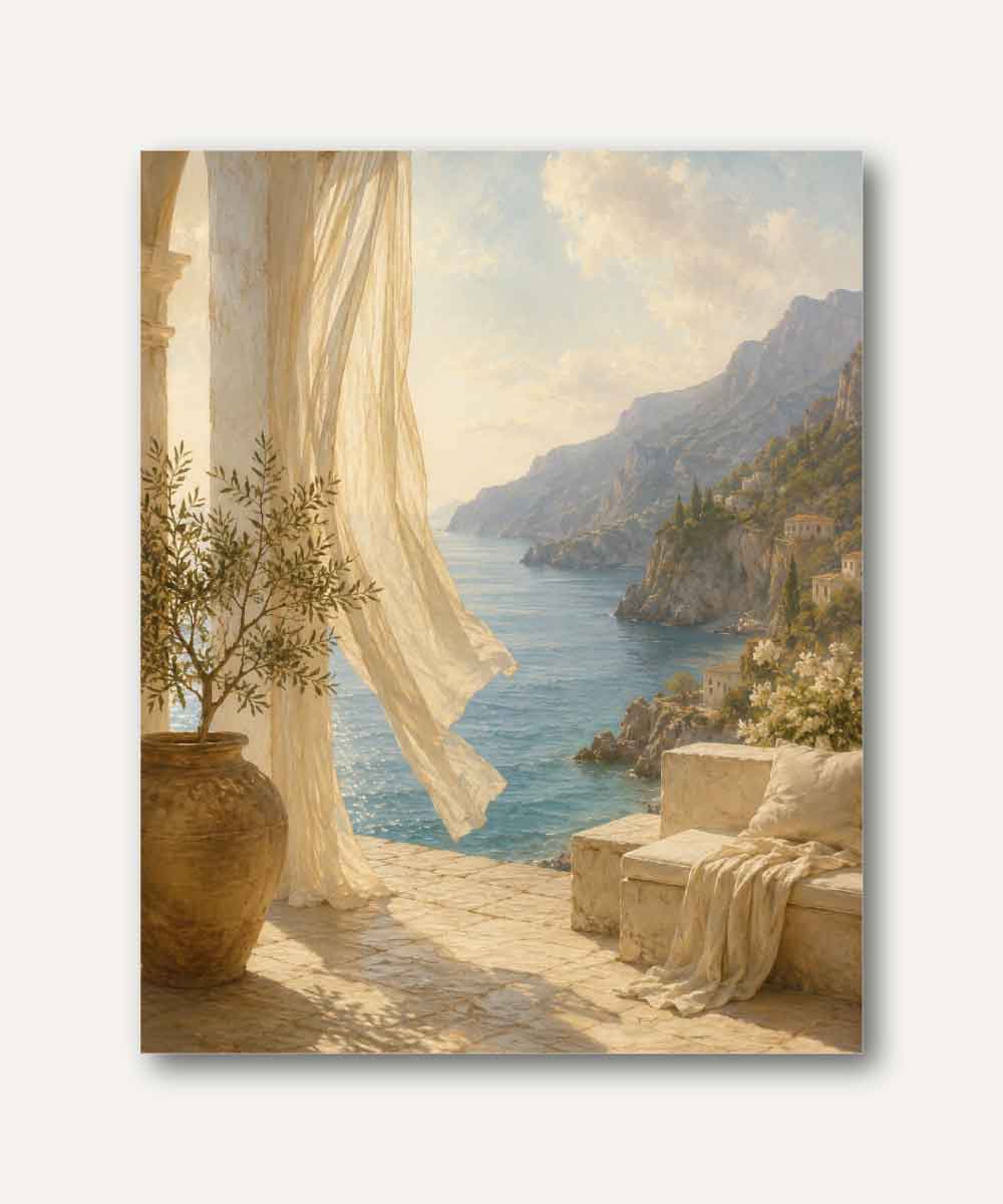 Cuadro mediterráneo con vista al mar, terraza de piedra, cortinas al viento y paisaje costero iluminado por el sol.
