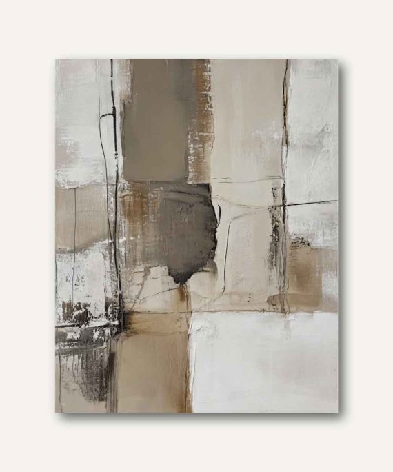 Cuadro abstracto contemporáneo con bloques geométricos en tonos marfil, arena, gris piedra y negro sobre fondo texturizado