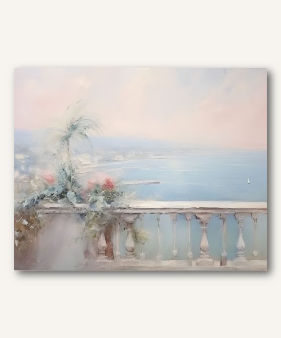 Terraza Frente al Mar | Cuadro Enmarcado de Inspiración Vintage Europea