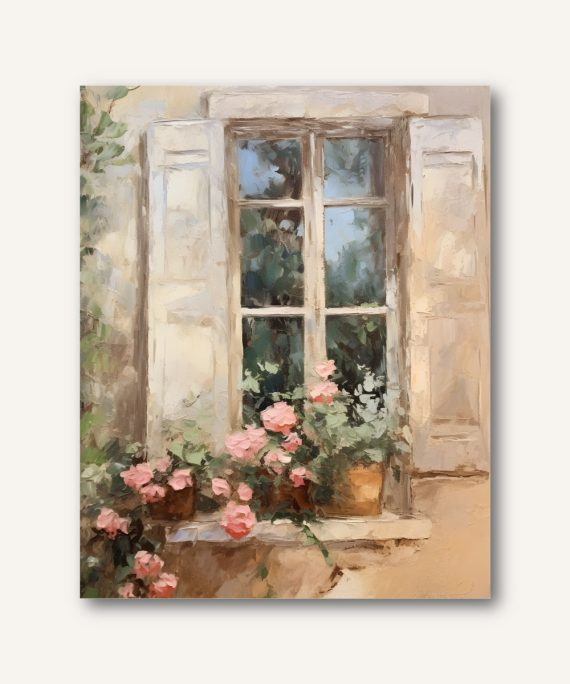 Cuadro vintage europeo de una ventana francesa con postigos y macetas de rosas rosadas.