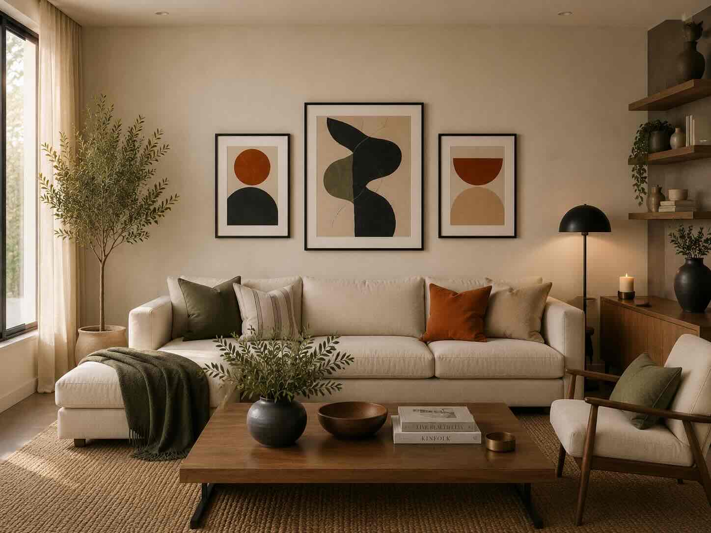 Living mediano con una composición de tres cuadros abstractos en diferentes tamaños, enmarcados en negro con frente de vidrio sobre un sofá de tres cuerpos, creando un punto focal equilibrado.