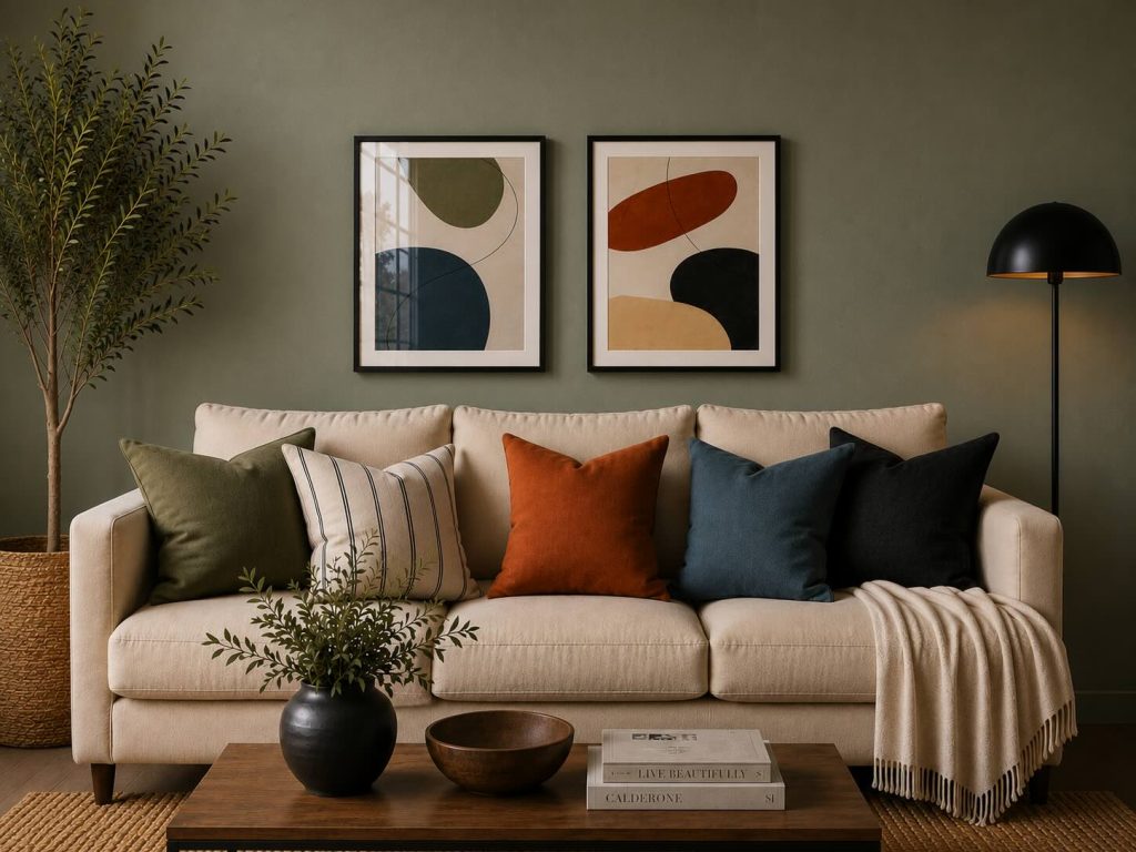 Living moderno con sofá beige, cojines en tonos verde oliva, terracota, azul y negro, y dos cuadros cuyos colores se repiten en la decoración para lograr una composición armoniosa.