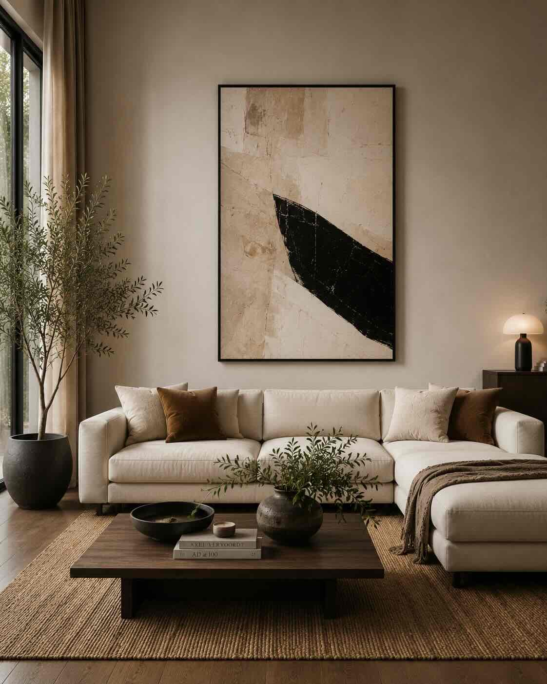 Living moderno con un cuadro de gran formato sobre el sofá, creando un punto focal elegante y equilibrado en un ambiente contemporáneo.
