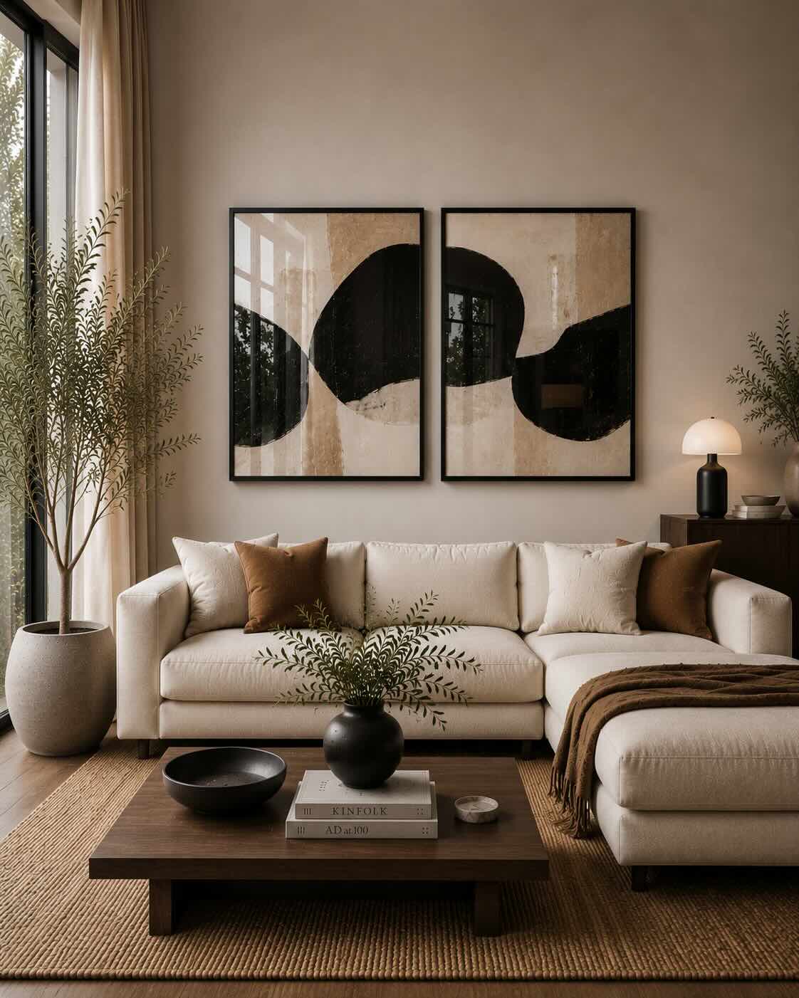 Living moderno con un díptico de cuadros abstractos de 50 × 70 cm enmarcados en negro con frente de vidrio sobre un sofá en tonos neutros.