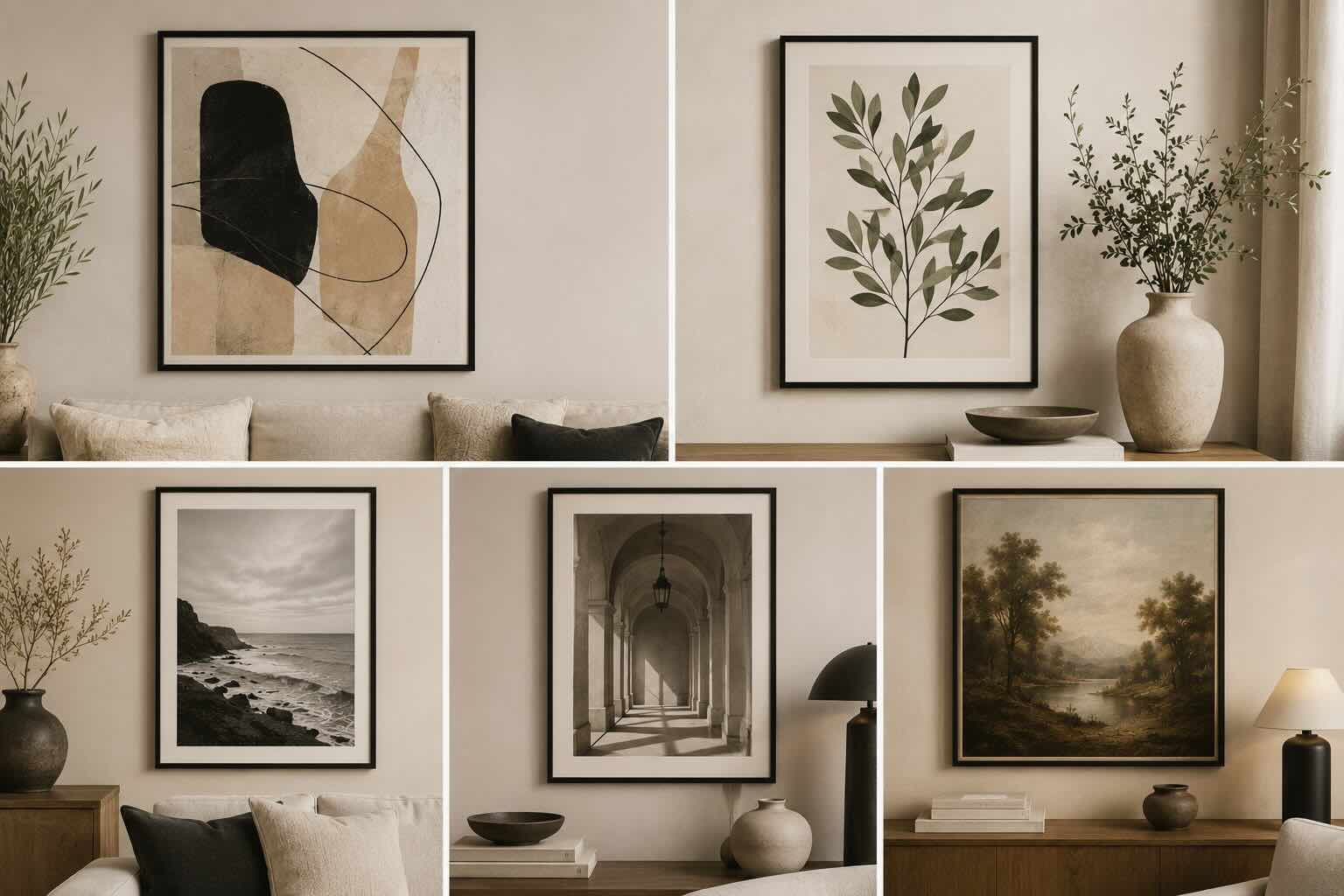 Mosaico con cinco estilos de cuadros para un living moderno: abstracto, botánica, fotografía, arquitectura y arte clásico.