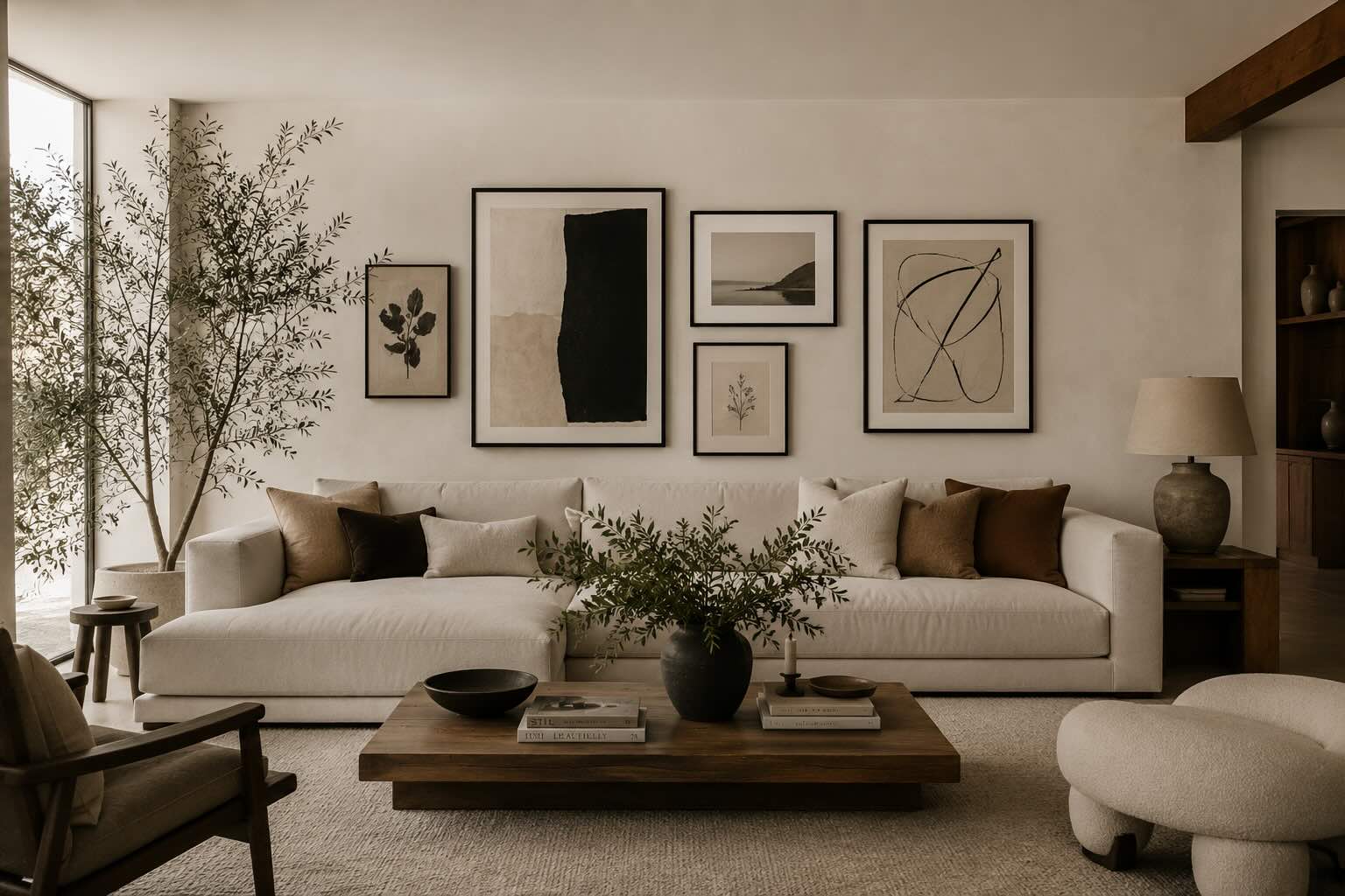 Living moderno de estilo editorial con una composición de cuadros contemporáneos en tendencia, inspirada en los interiores de diseño más actuales.