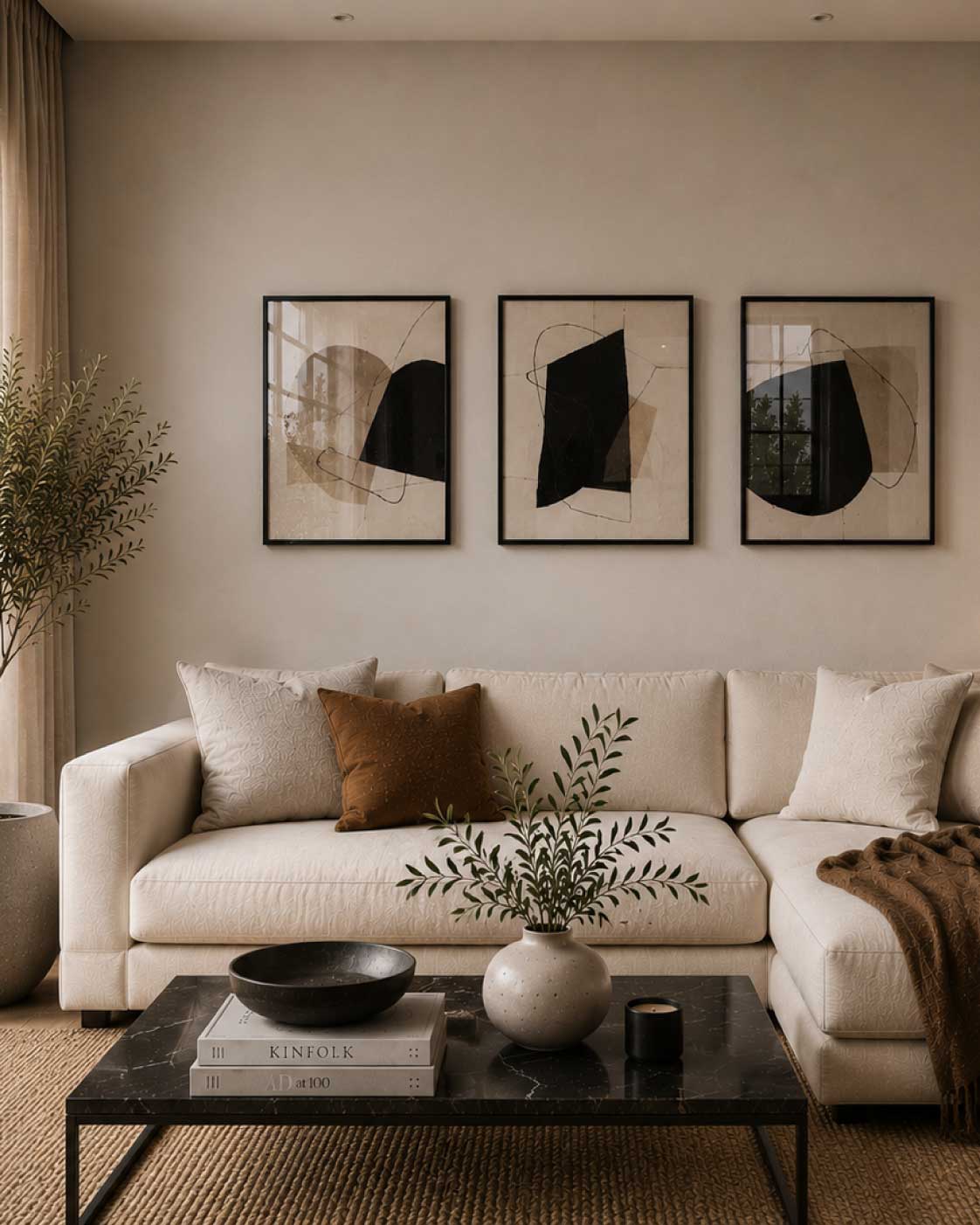 Living moderno con un tríptico de tres cuadros abstractos de 40 × 50 cm, enmarcados en negro con frente de vidrio sobre un sofá en tonos neutros.